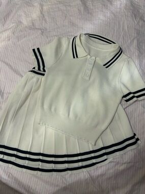Women's Cream Knit Polo Dress with Navy Stripe Trim